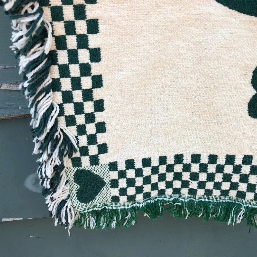 Woven table runner doily heart tree checkerboard country pattern fringe green